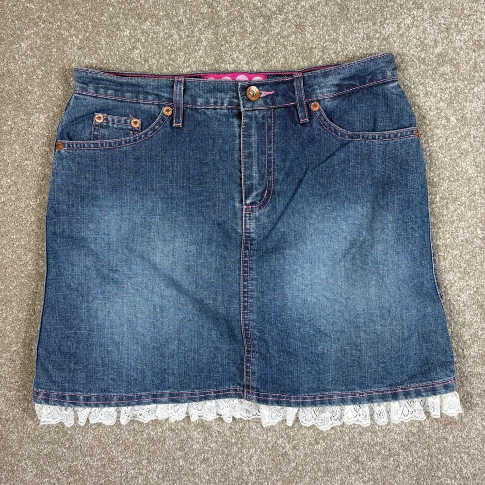 GLO Denim Skort Y2K Medium Wash Pink Stitching Lace Trim Mini Skirt Women 7/8